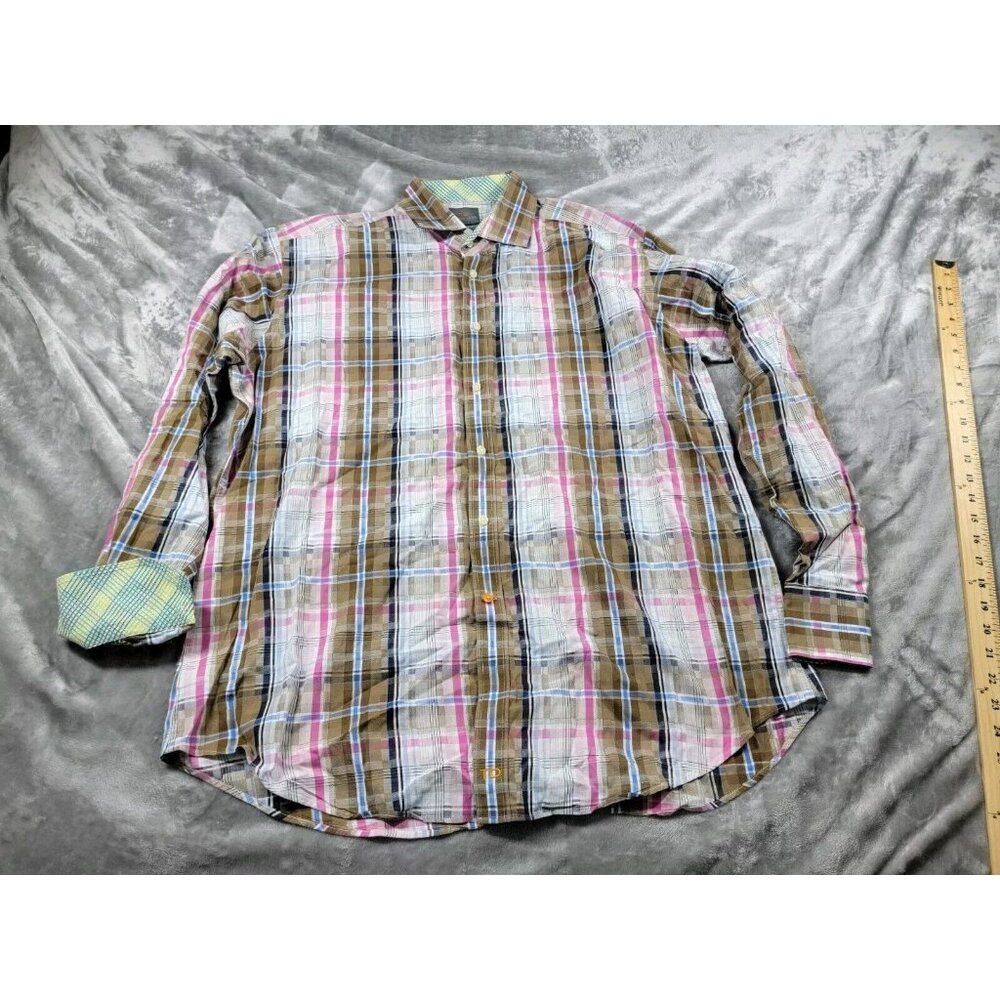 Thomas Dean Plaid Long Sleeve Button Down Dress Shirt Flip Cuffs Mens XL